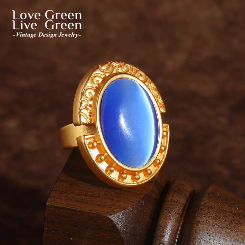 

Vintage Blue Cat Eye Rings Natural Stone For Woman Gold Color Trends 2025 Luxury Dubai Jewelry High Quality Oval Accessories