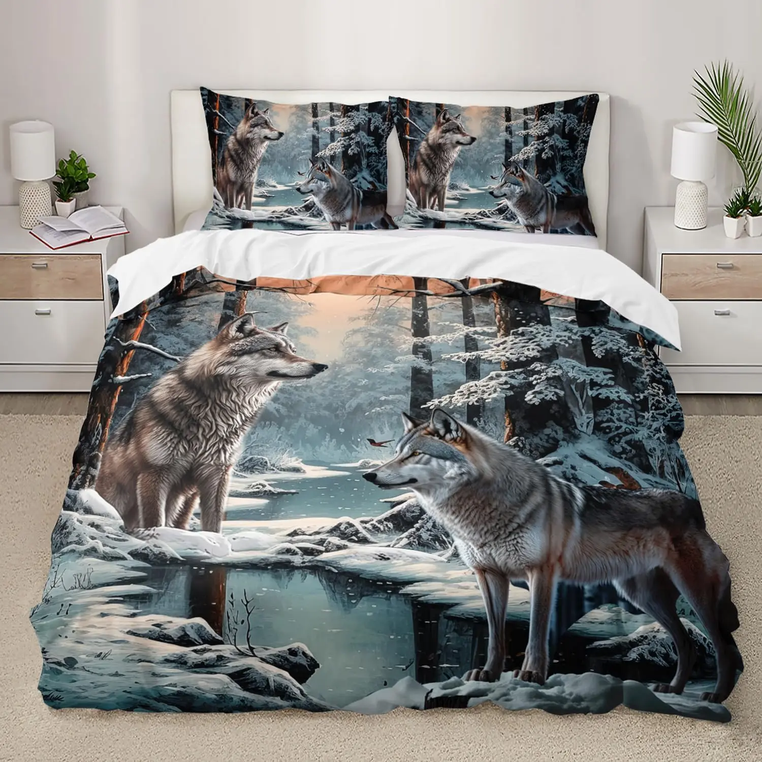 Snow Wolf Duvet Cover Set Full Queen Night Galaxy Starry Wolf Comforter Cover Wild Animals Wolf Themed Bedding Set 2/3 Pieces - view 5