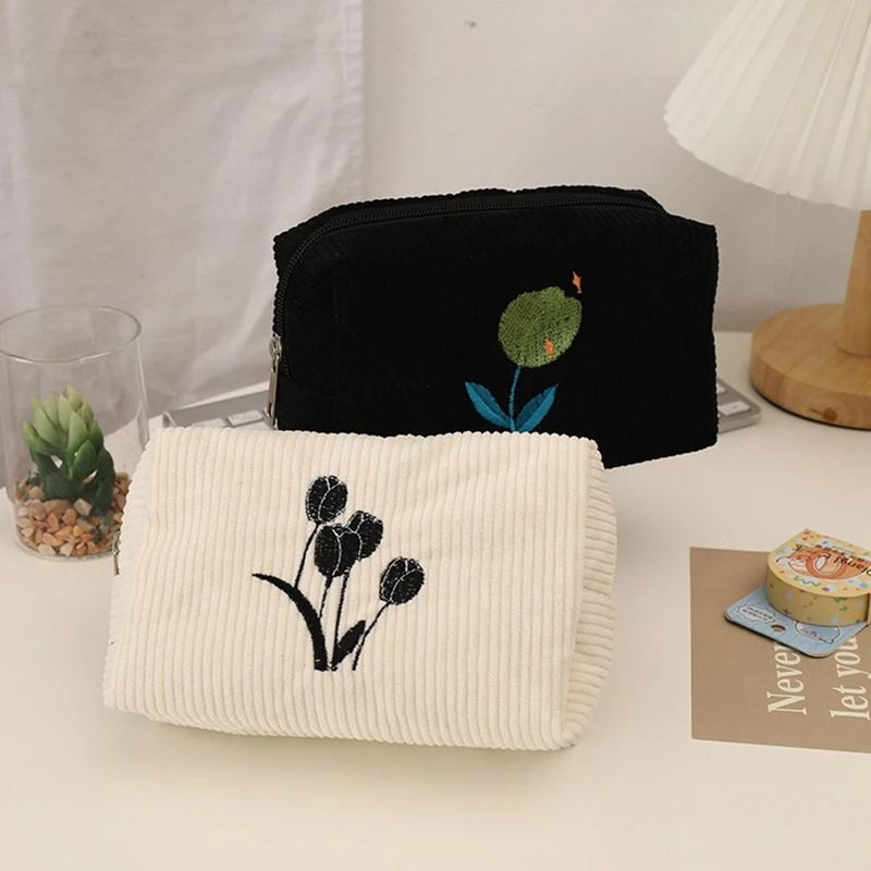 

Corduroy Flowers Embroidery Cosmetic Bag Travel Skincare Zipper Pouch Toiletry Organizer for Women Beauty Makeup Bag Organizer