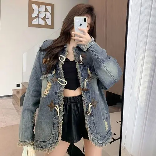 Retro Raw Edge Loose Denim Jacket Women 2024 Autumn New Design Lazy Style Slimming Design Long-Sleeved Jacket Top