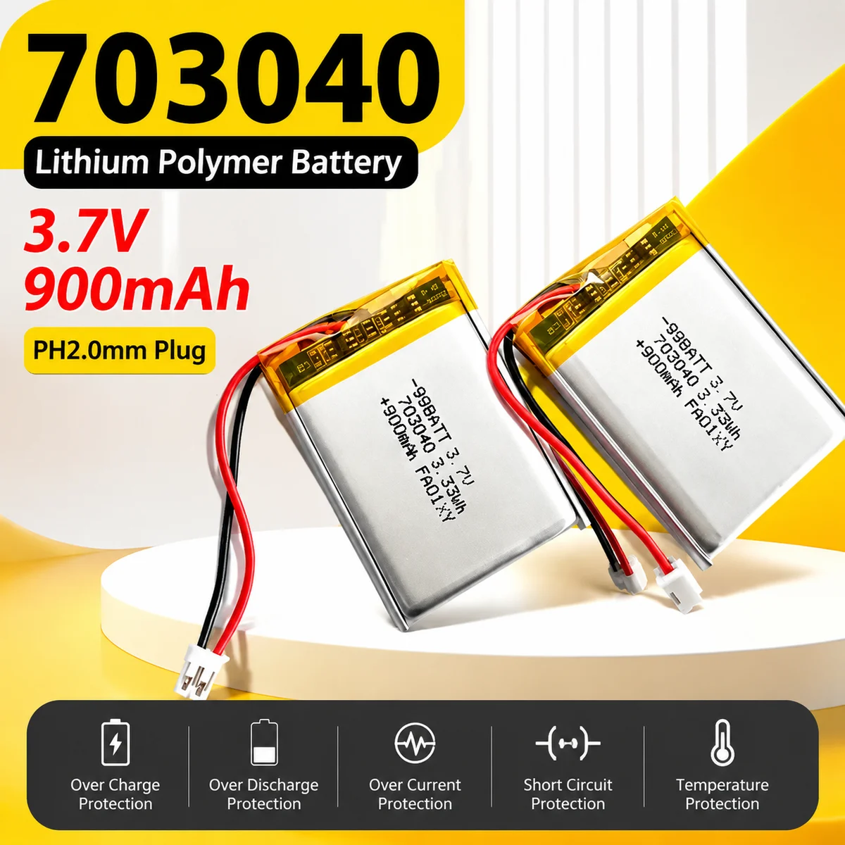 3.7V 900mAh 703040 Li-Polymer Rechargeable Battery for MP3 MP4 GPS Toy Radio LED Light Audio Camera Devices