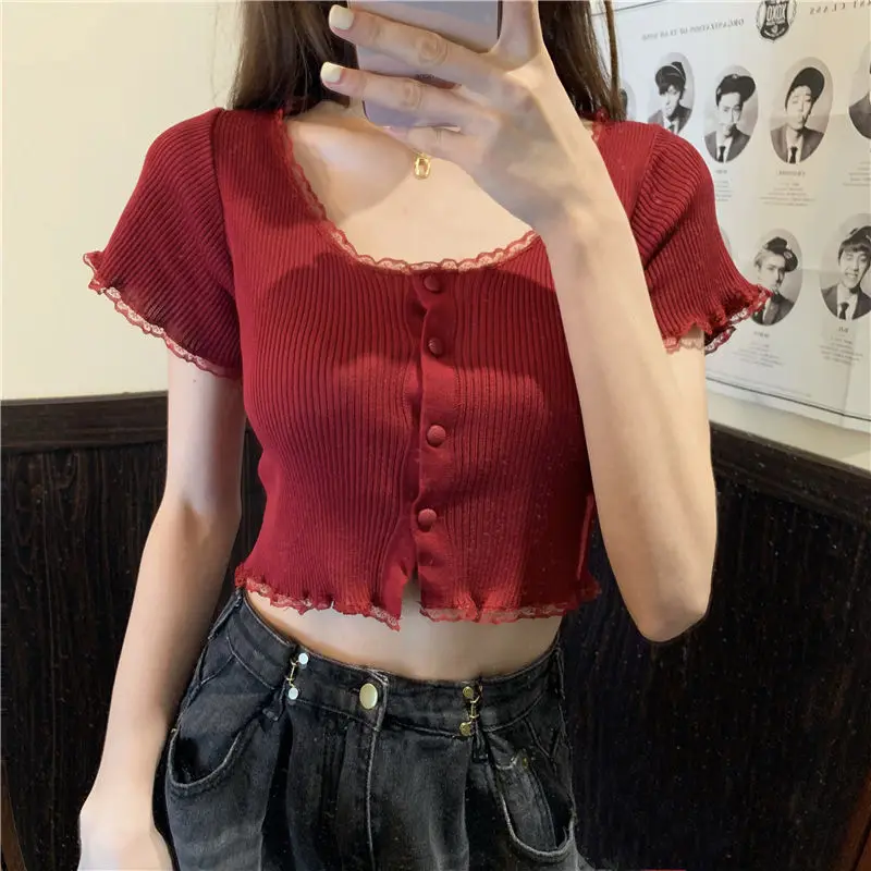 

New French Square Neck Knitted Base Shirt Women's Summer Short Sleeved Lace Edge Cardigan Exposed Waist Fashion Short Top