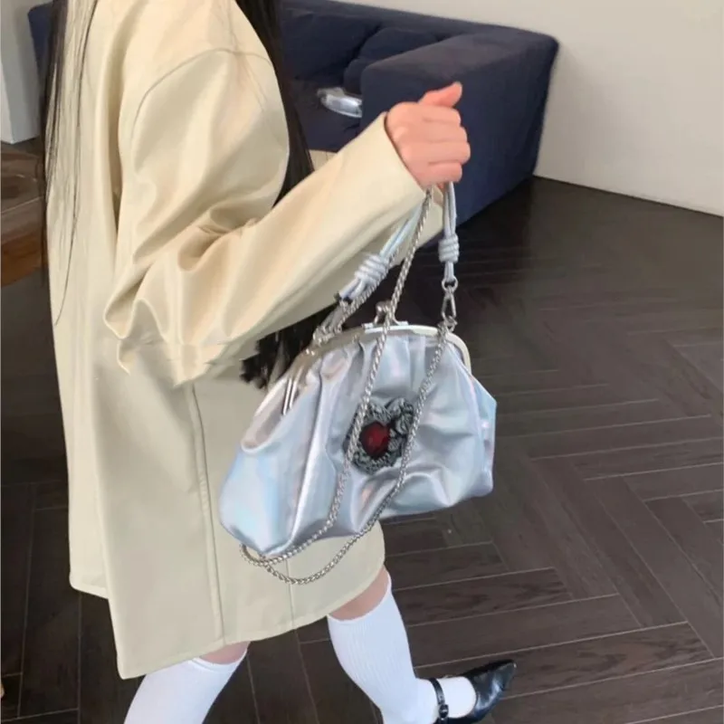 JIAERDI Retro Laser Heart Niche Design Handbag Women Chain Pleated Petite Shoulder Bag Ladies Y2k Aesthetics Crossbody Bag Purse
