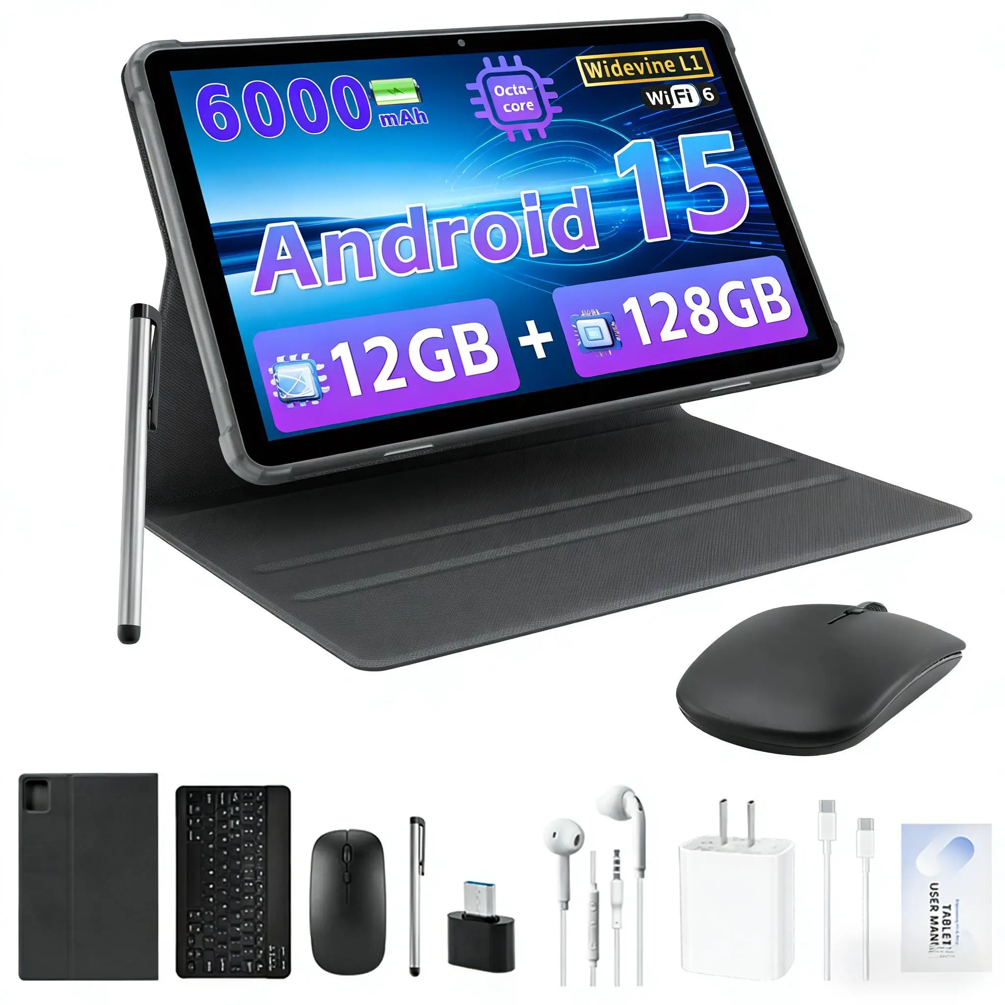 ANRY 10.1 Inch Android 15 Tablet Octa Core 12GB RAM 128GB ROM 6000mAh WiFi Touch Screen Gaming Student Tablet GMS Google Play