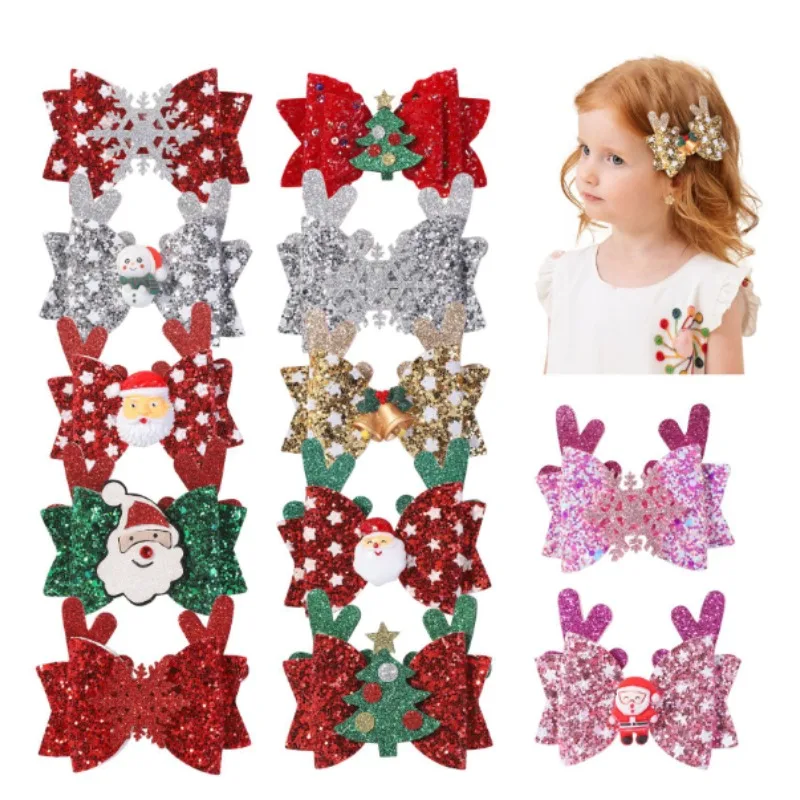 

2Pcs/Shimmering Christmas Hair Clip Set - Glitter Bows, Antlers & Snowflake Hairpins for Baby & Toddler Girls Holiday Party bebe