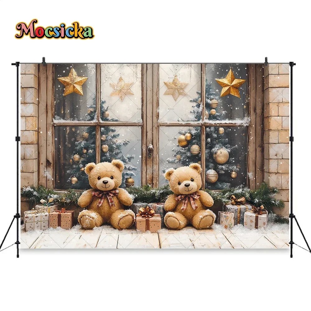 Christmas Toy Bear Gift Room Background Photography Wooden Window Golden Star Xmas Tree Backdrop Baby Winter 1st Birthday Photo