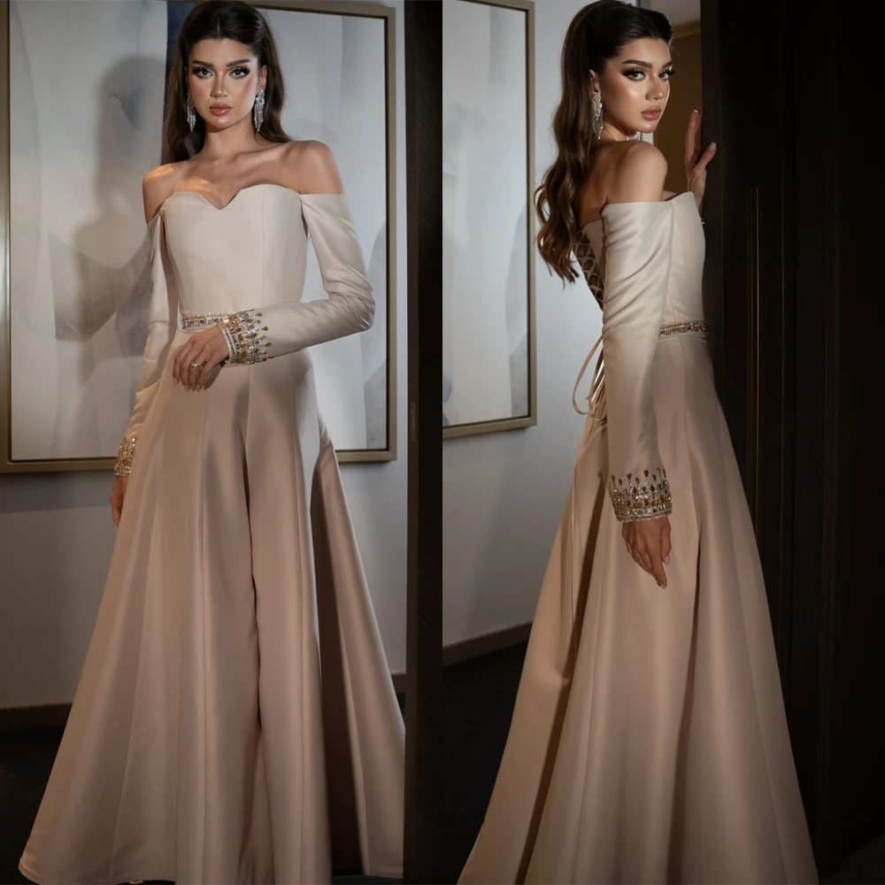 

Customized Temperament Long Sleeves Evening Dress Elegant Satin boat neck Prom Dresses Sexy Sweep Train Special Occasion Gowns