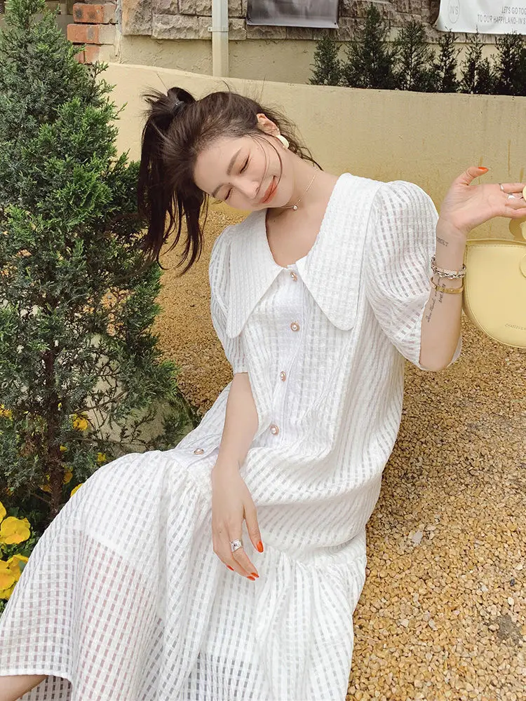 

plus Size Women's Summer Dress 300 Pounds High Waist A-Line Skirt Bubble Sleeve Fish Tail Gentle Style Korean Version Casual ...