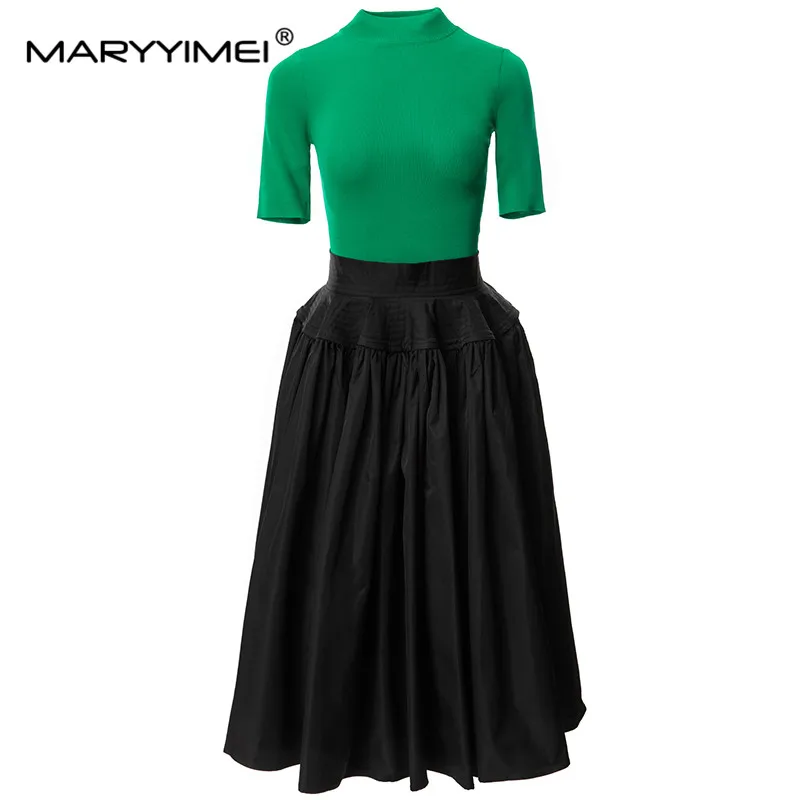 

MARYYIMEI Fashion Designer Summer Women's Elegant Stand Collar tops+Pleated Black Office Lady Commuter Half Skirt