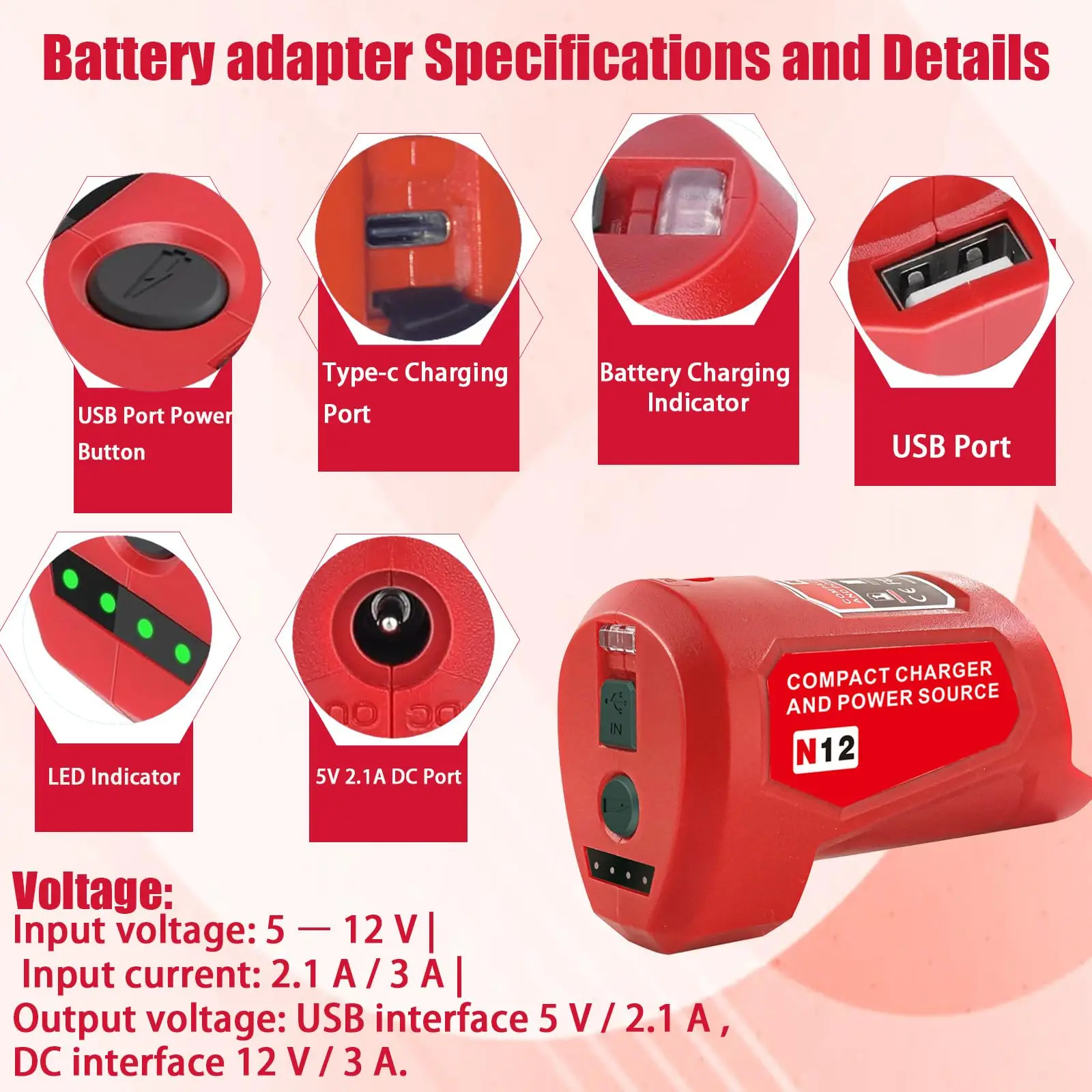 Przenośna ładowarka sieciowa kompatybilna z akumulatorem litowo-jonowym Milwaukee 12 V New M-12 z portami USB i DC — zdjęcie produktu 4