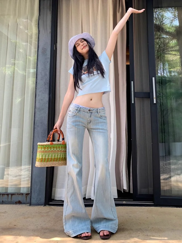 

Американские ретро джинсы-колокольчики женские летние прямые широкие брюки с высокой талией для похудения длиной до пола