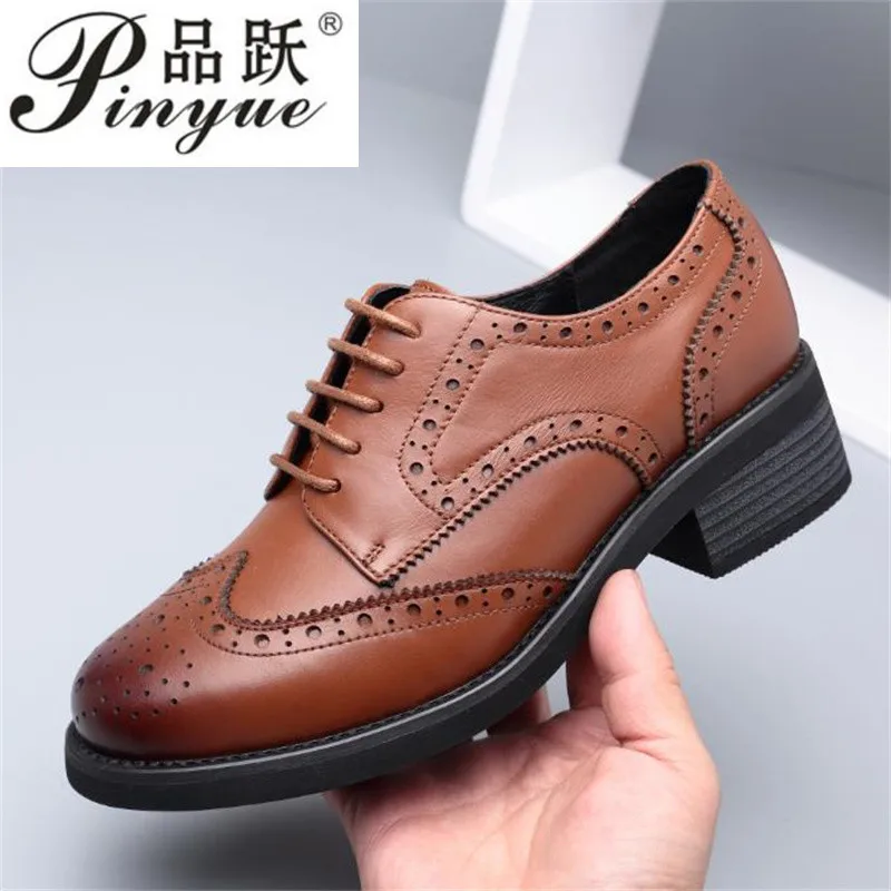 Women Sculptured Comfortable Inner and Outer Leather Thick Sole Round Head Lace up Mid Heel Oxford Vintage brogues 34-42