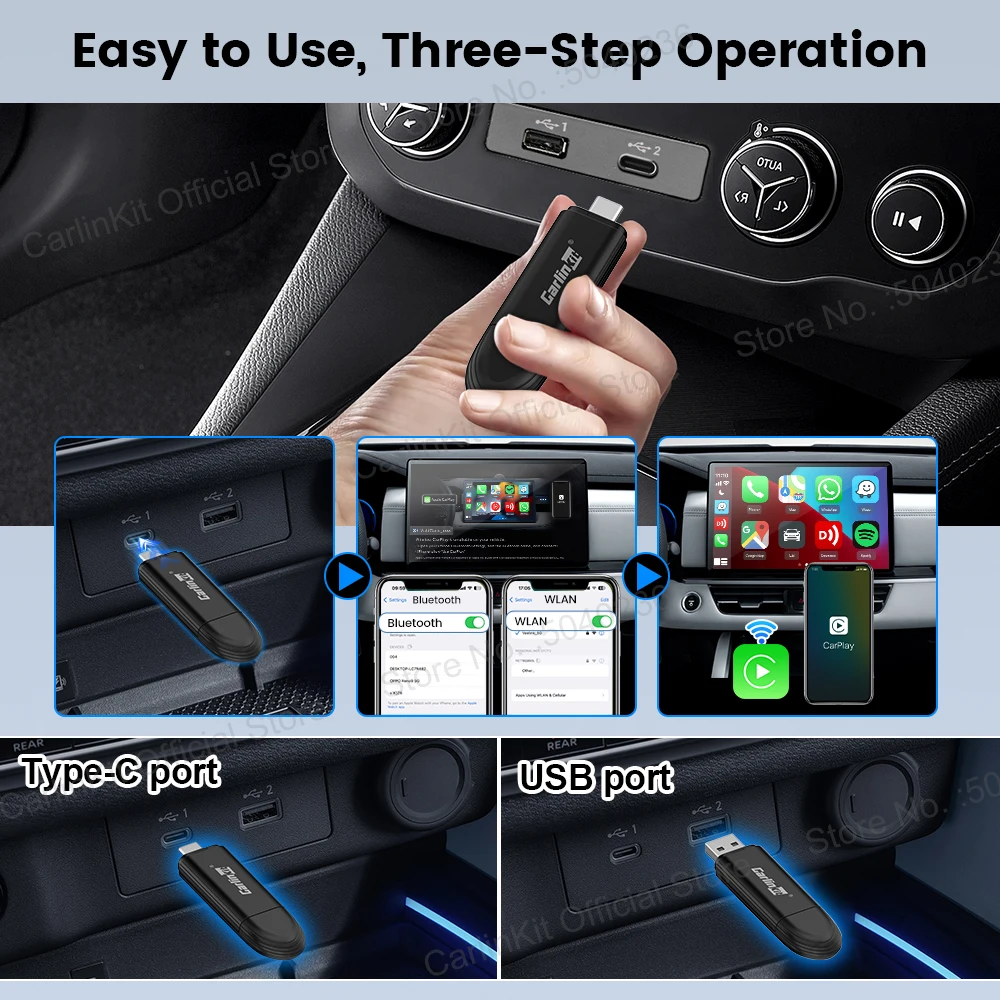 محول CarlinKit Mini 5 CarPlay USB اللاسلكي للتوصيل والتشغيل بشاشة مقسمة سلكية إلى لاسلكية لسيارات Benz وKia وVolvo وMazda وMG وFord وSkoda وToyota وما إلى ذلك.