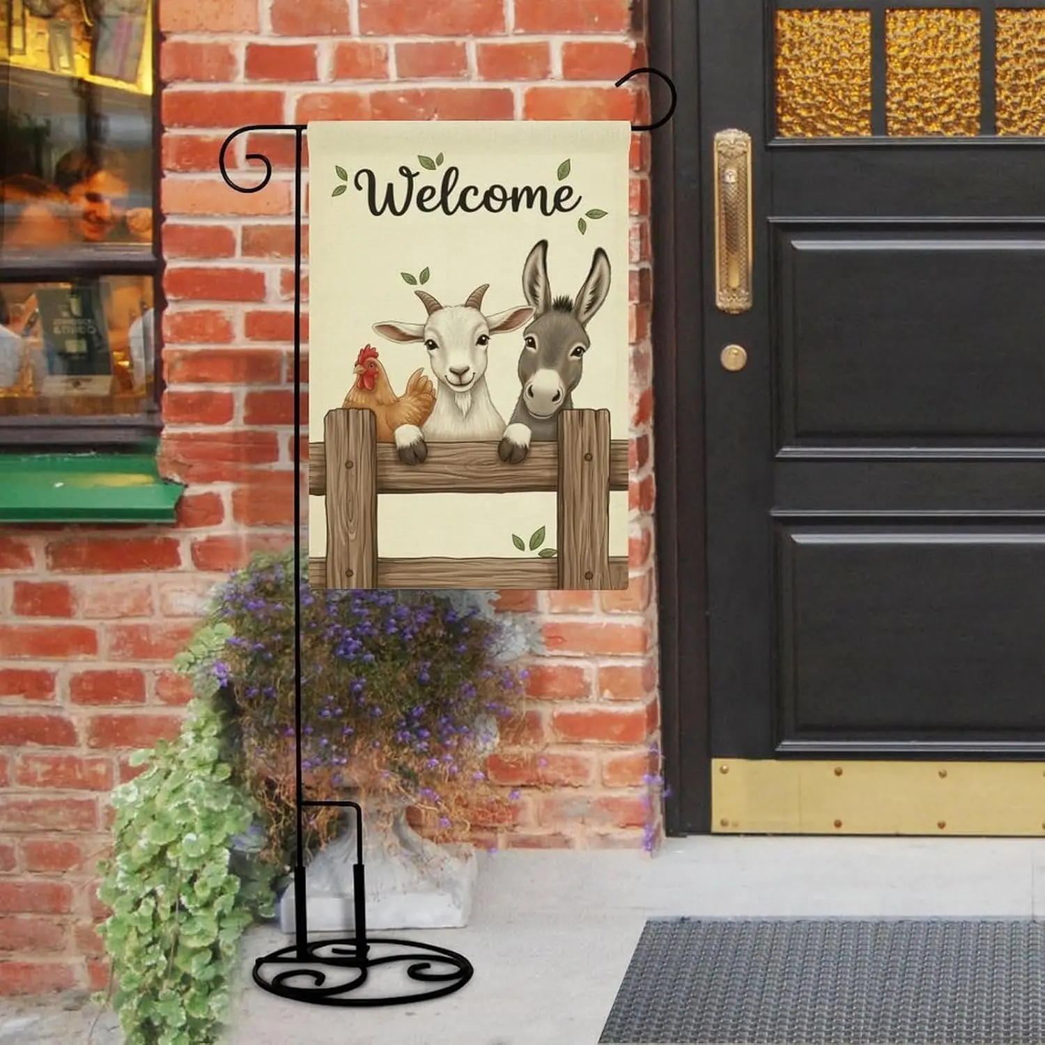 Welcome Farm Animals – Chicken, Goat & Donkey Peeking Over Garden Flag, Seasonal Flower Symbol, Patio Farmhouse Outdoor ZZM