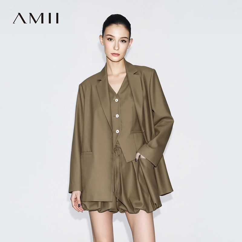 

Amii Blazer Women 2026 Spring New Notched Lapel Padded Shoulder Blazer Embroidery Loose Mid-Length Casual Jacket Women 12641056