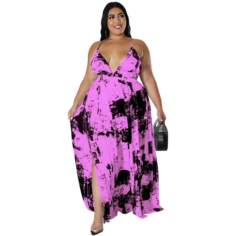 New Fashion Tie Dye Print Sleeveless Sling Deep V Neck Long Dress Summer Plus Size Casual Women\'s XL-5XL Dress