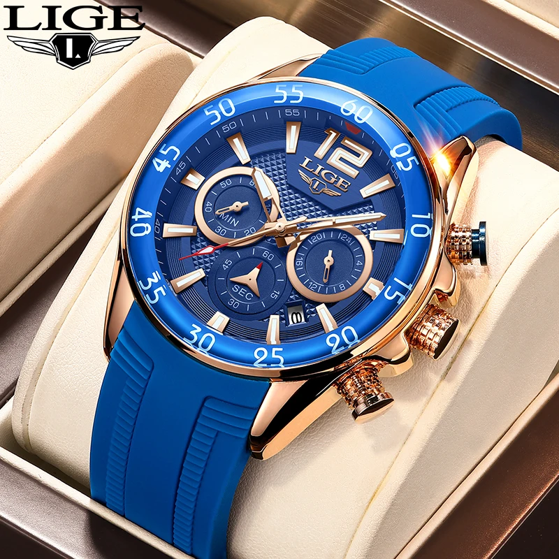 LIGE Outdoor Silicone Strap Quartz Watches for Men Fashion Luxury Man Watch Casual Sport Waterproof Chronograph Date Clock Reloj