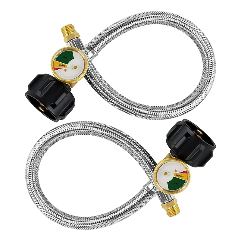 

15 Inch RV Propane Hose Pigtail with Gauge for 5-40Lb Tanks - Stainless Braided Propane Hose Quick Connect 2 Pack