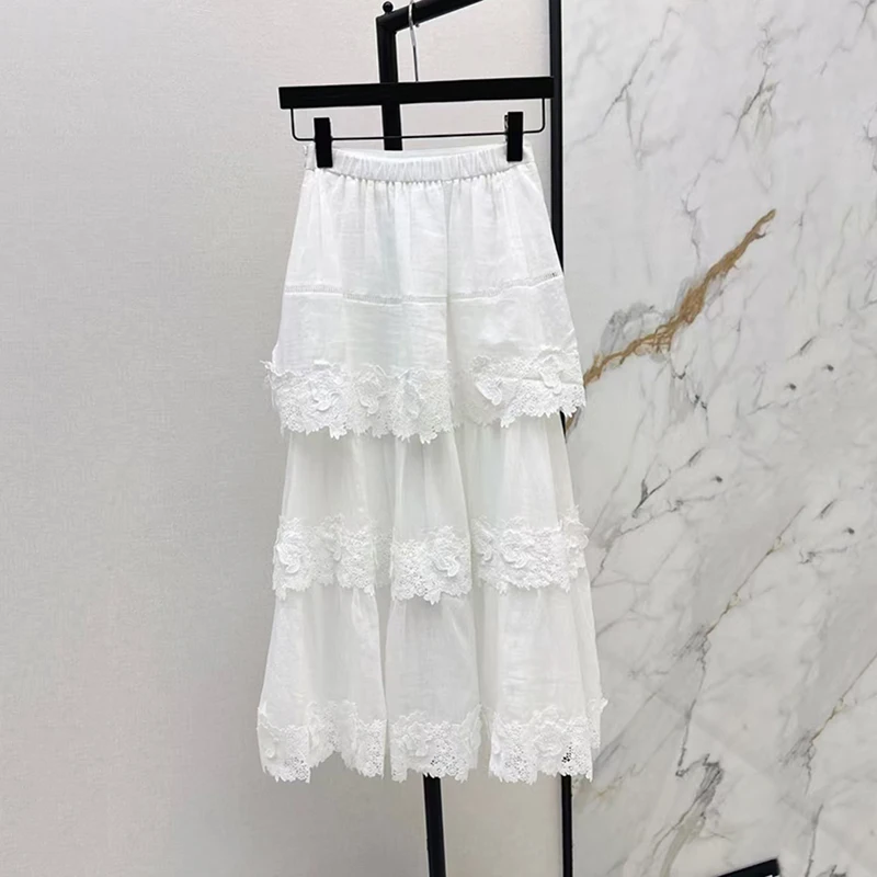 Media falda de ramio con cintura elástica para mujer, media falda de retazos de encaje soluble en agua, falda larga de alta calidad, verano, nuevo, 2025