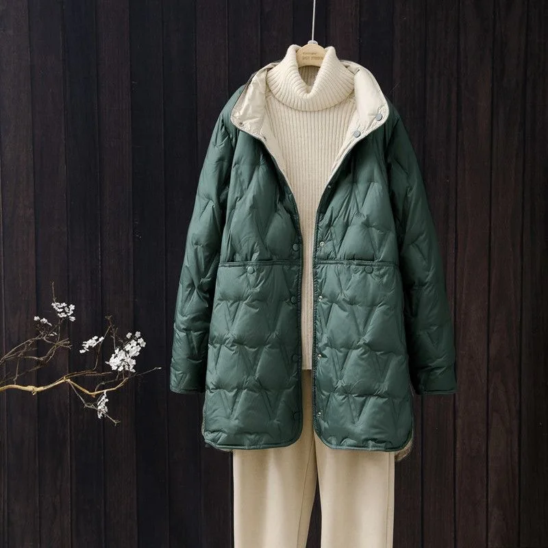 Autumn Winter Large Size Reversible Mid-Length Warm Down Jacket Women's Korean Style Commuting Casual Jacket 90% White Duck Down