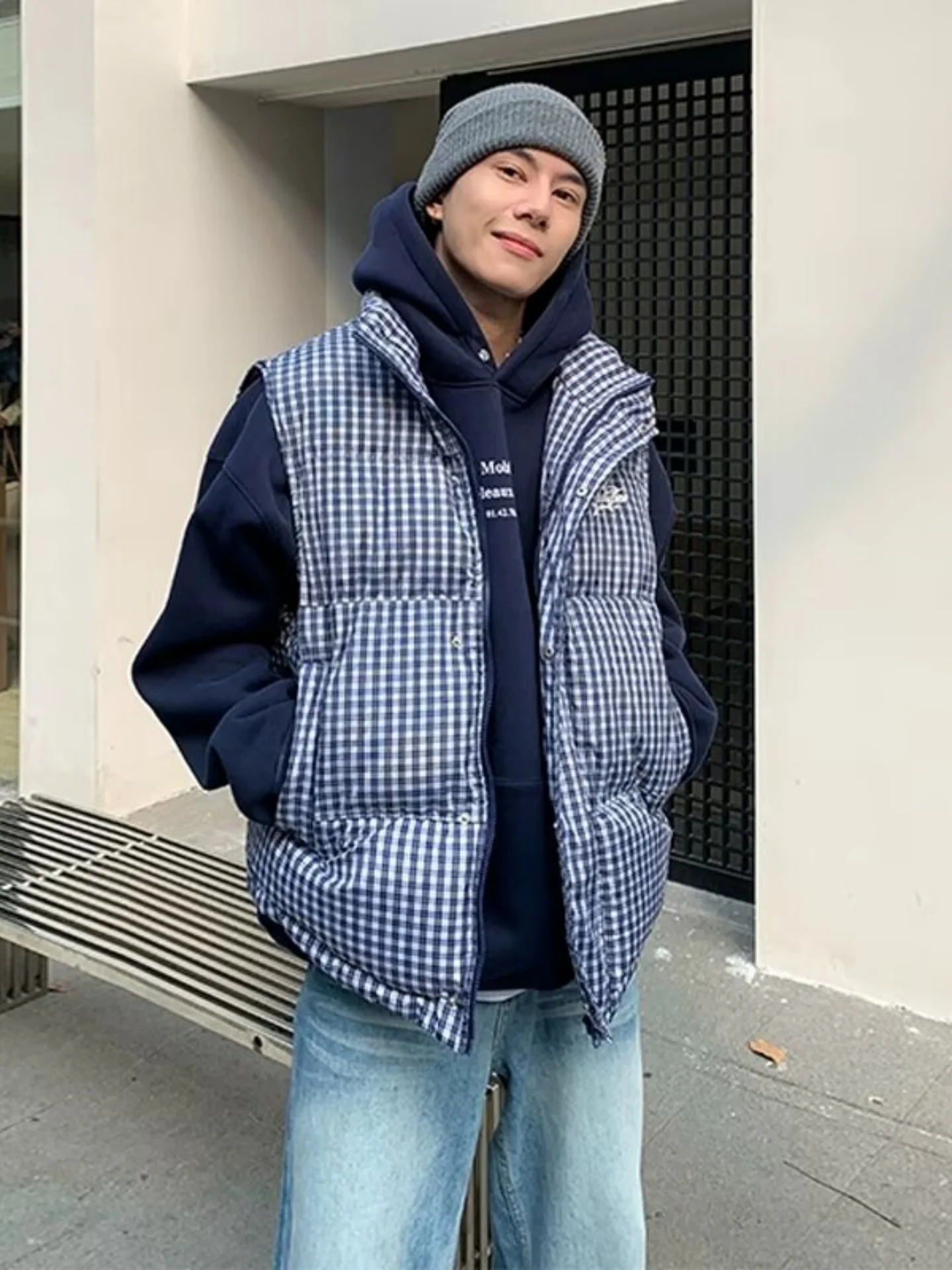 

Ретро-жилет в американском стиле в клетку, зимняя верхняя одежда, свободный крой, хлопковая куртка, модная молодежная теплая утолщенная модель