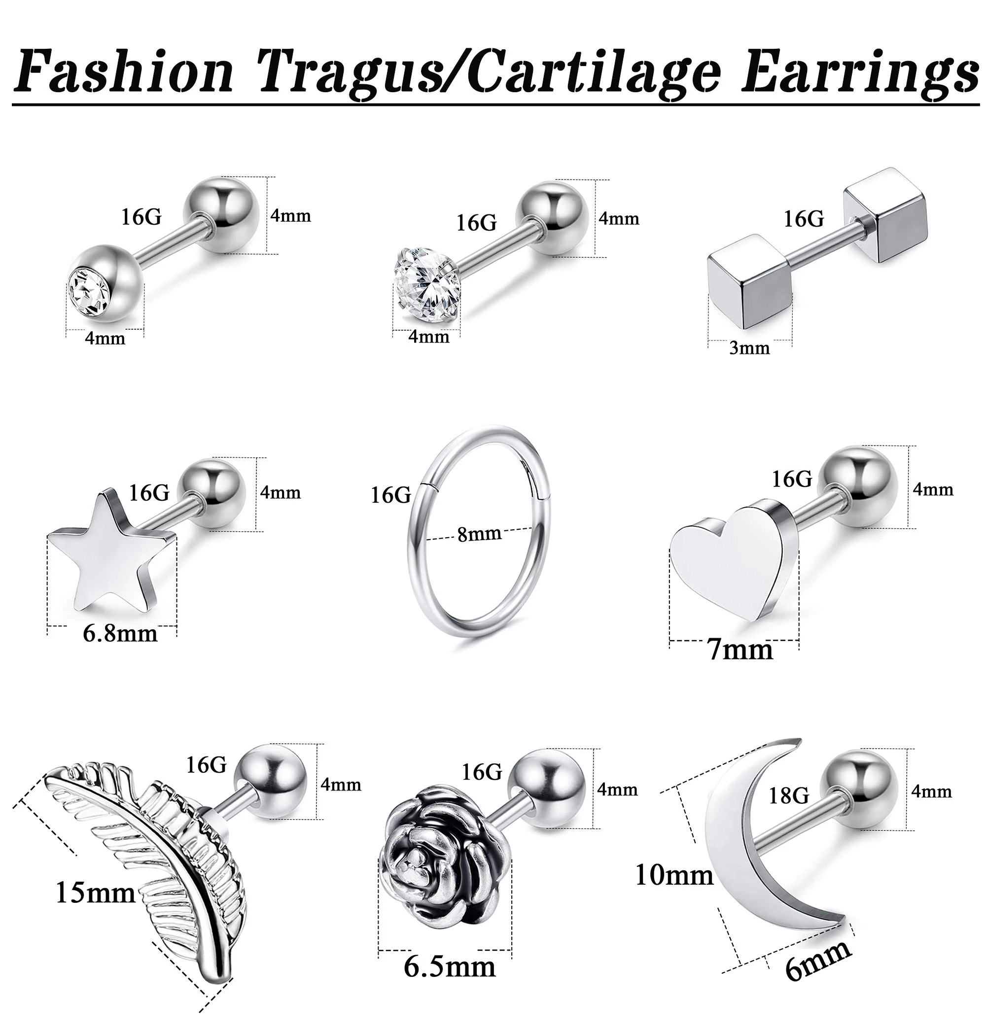 9Pairs 316L Surgical Steel Ear Cartilage Stud Earrings for Men Women CZ Barbell Helix Tragus Stud Piercings Jewelry
