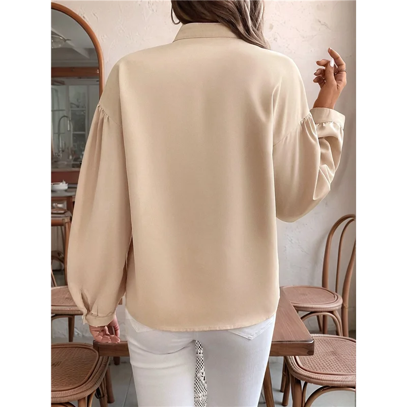 

NEW-Women's V-Neck Pleated Long Sleeve Office Top Retro Elegant Open-Front Circular Pattern Stand Collar Shirt