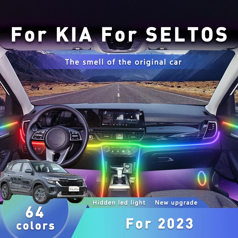 

FILIPLI For KIA SELTOS For 2023 DIY Cyberpunk Car Ambient Light Strips 64 RGB Car Acrylic Ambient Light With Bluetooth Control
