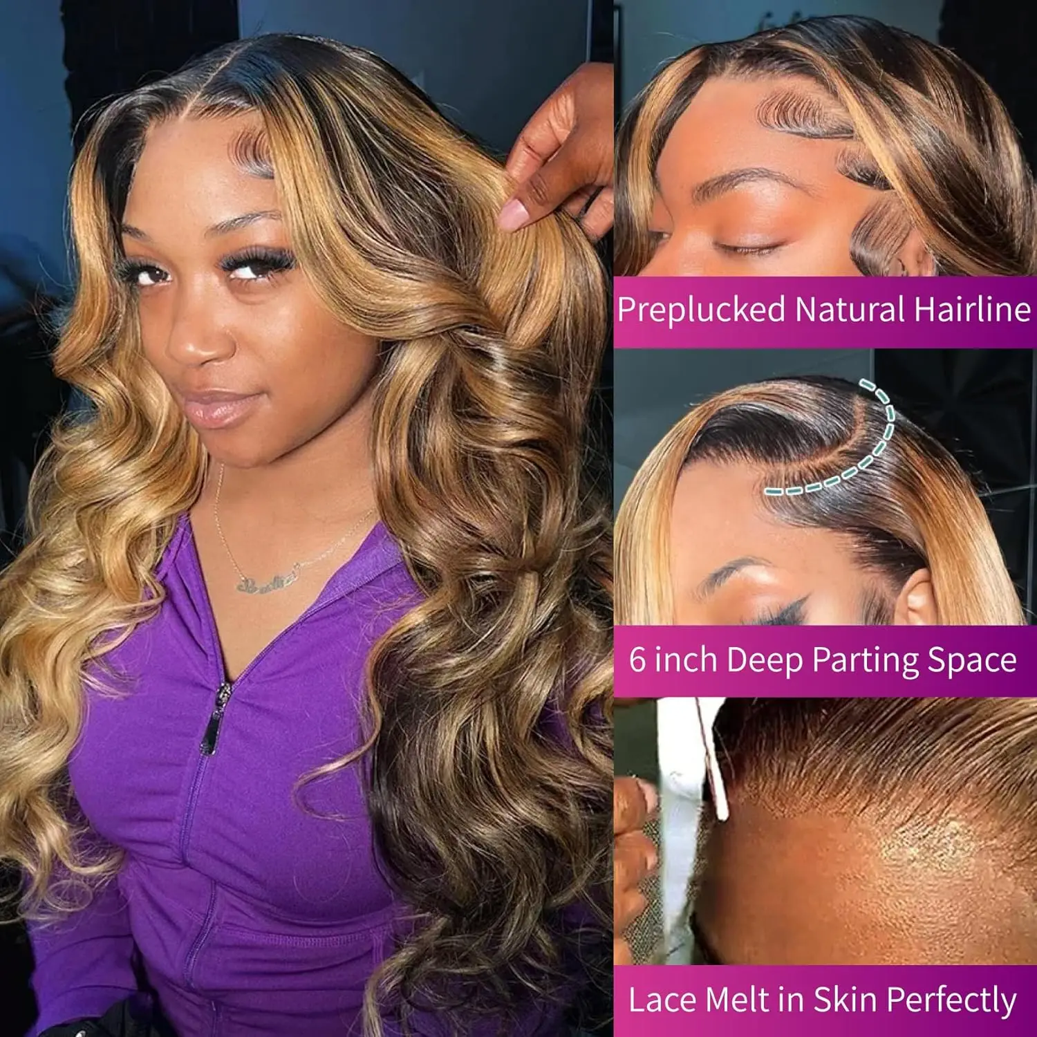 Highlight Ombre Body Wave Lace Front Wig Human Hair 13x4 13X6 4/27 Honey Blonde Lace Frontal Wigs Pre Plucked 200 Density image 3