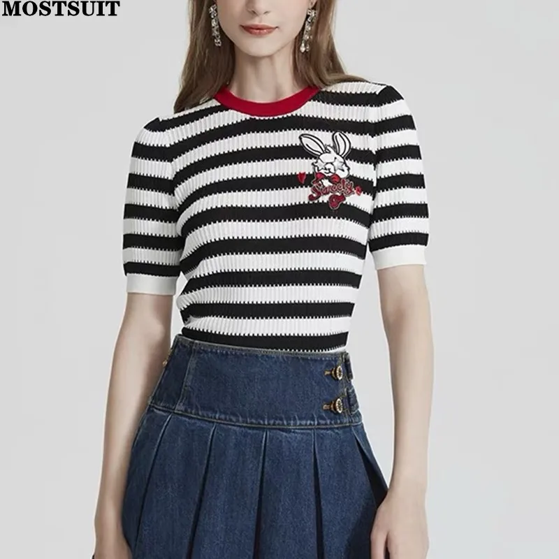 Rabbit Embroidery Striped Sweater For Women Knit T-shirts Tops 2024 Summer Stylish Fashion Chic Tees Short Sleeve O-neck Jumpers