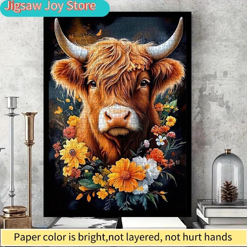 

1000pcs Paper Puzzle, DIY Jigsaw (Highland Cow, Floral, Animal) Large Cardboard Cut-Outs, Suitable for Interactive Family Ente