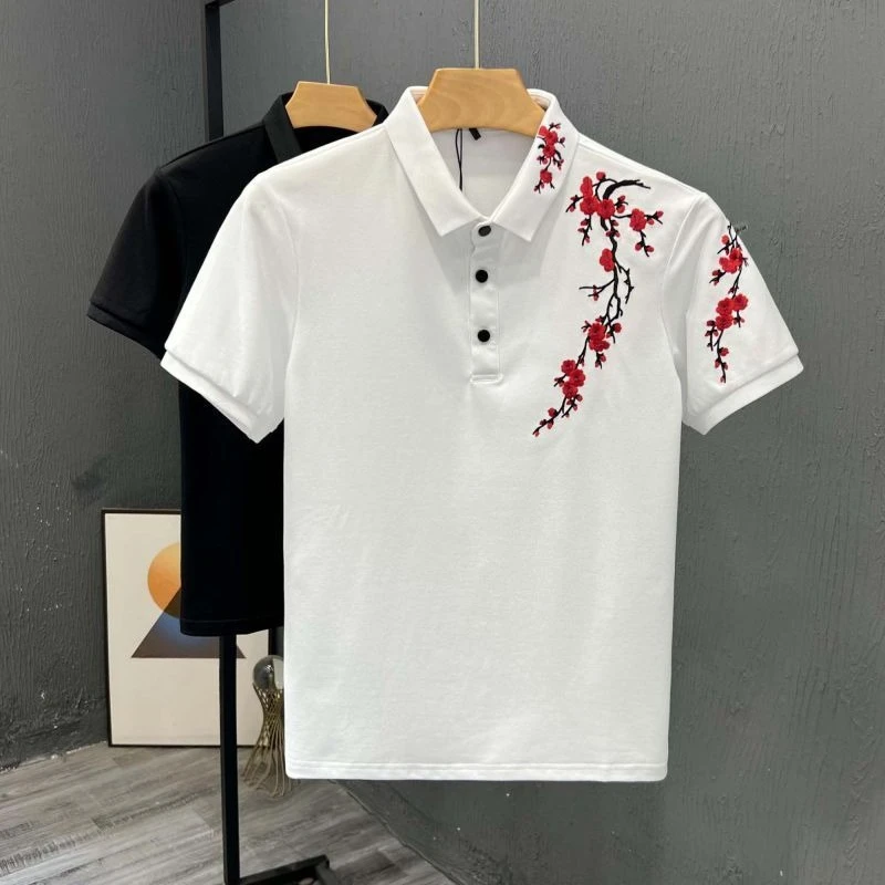 Men's Summer Polo Shirt Slim Fit Short Sleeve T-Shirt Plum Blossom Embroidery Lapel Casual Fashion Top