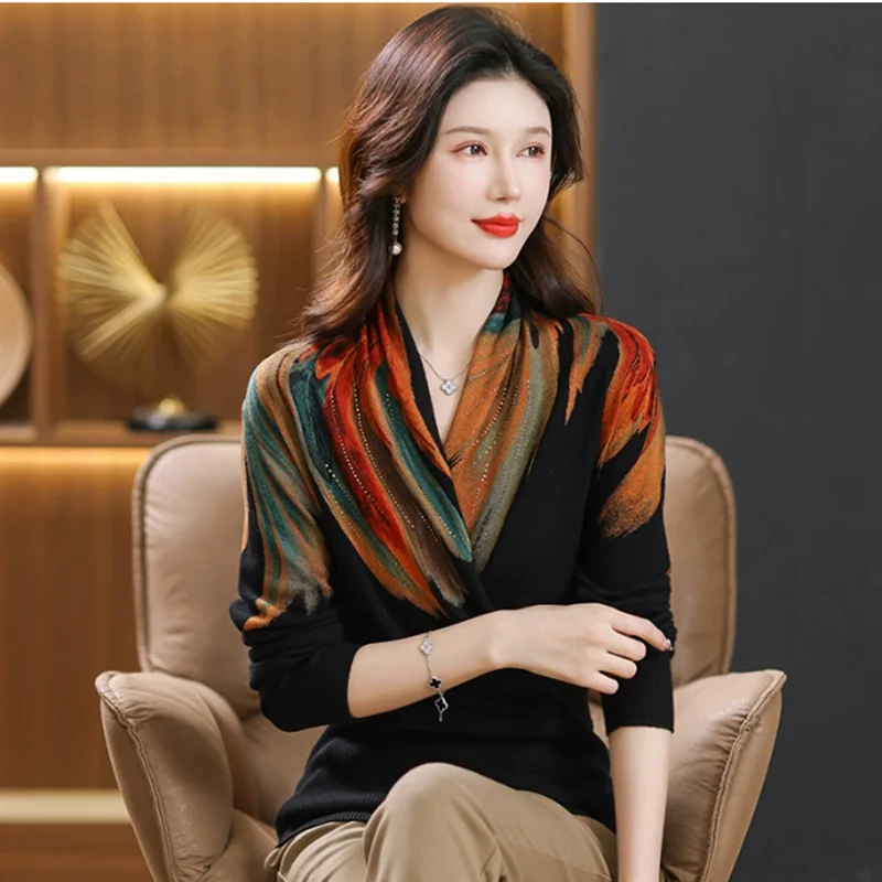 

Женский свитер с принтом, весна-осень 2024, вязаные свитера и свитера с длинными рукавами, женский свободный пуловер с принтом, трикотажные изделия с v-образным вырезом