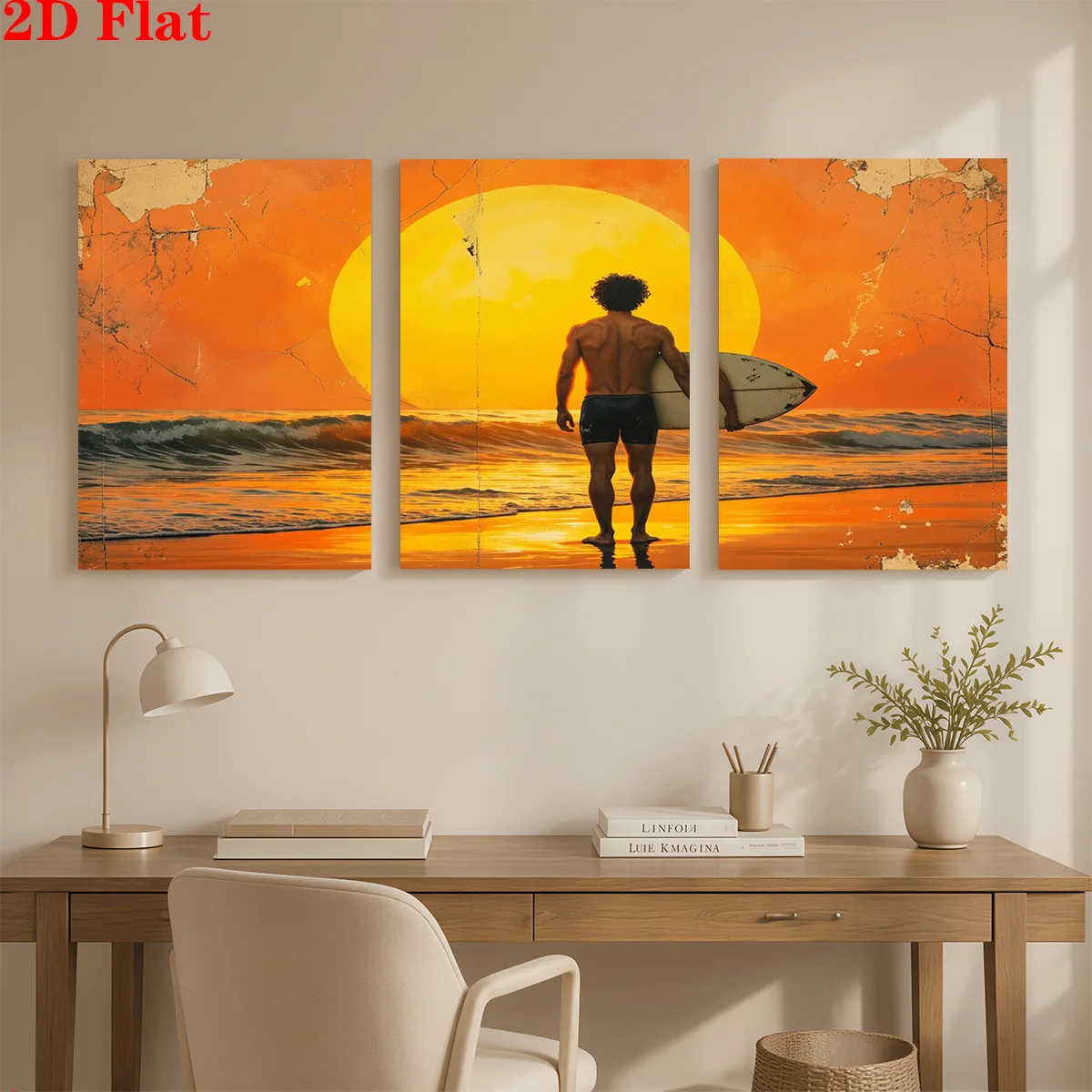 Frameless canvas 2D 3pcs Canvas Art Wall Hanging- A surfer faces sunset. Suitable for Decorating Offices, Dining Rooms, Livin