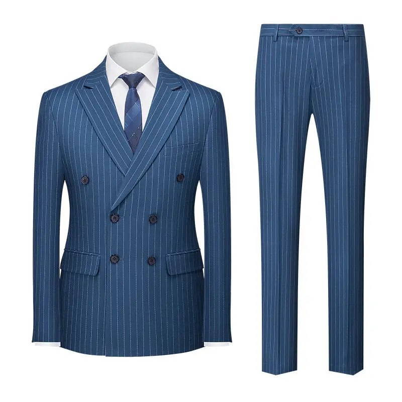 

New men's fashionable, cool and versatile two-piece striped suit for banquets and weddings, men's double-slit suit set