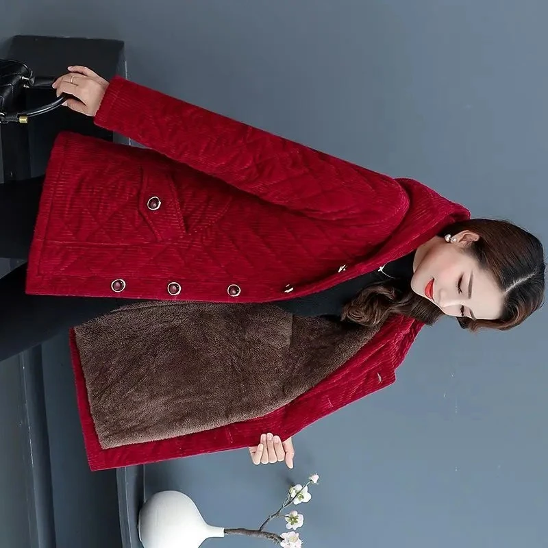 

Winter Warm Thick Fleece-Lined Jacket Women's Hooded Parka Vintage Snowwear Coat Corduroy Single-breasted Long-sleeved Top