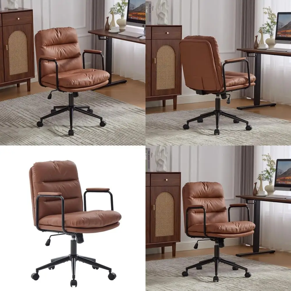 

Поворотное кресло со средней спинкой из искусственной кожи, 40 см ° Кресло с откидной спинкой, мягкими подлокотниками и колесиками для комфорта в домашнем офисе