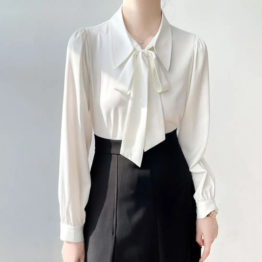 

Рубашки с мягким откидным воротником и расклешенными рукавами, свободные блузки во французском стиле на шнуровке с бантом, женские топы, рубашки, женские офисные рубашки