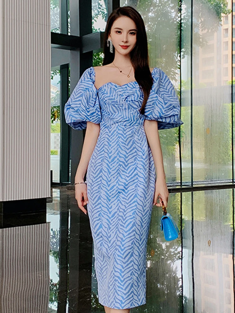 Bohe elegante vestido de noche para mujer francés Vintage azul Jacquard sin tirantes fuera del hombro bata de manga de burbuja Vestidos de fiesta para mujer