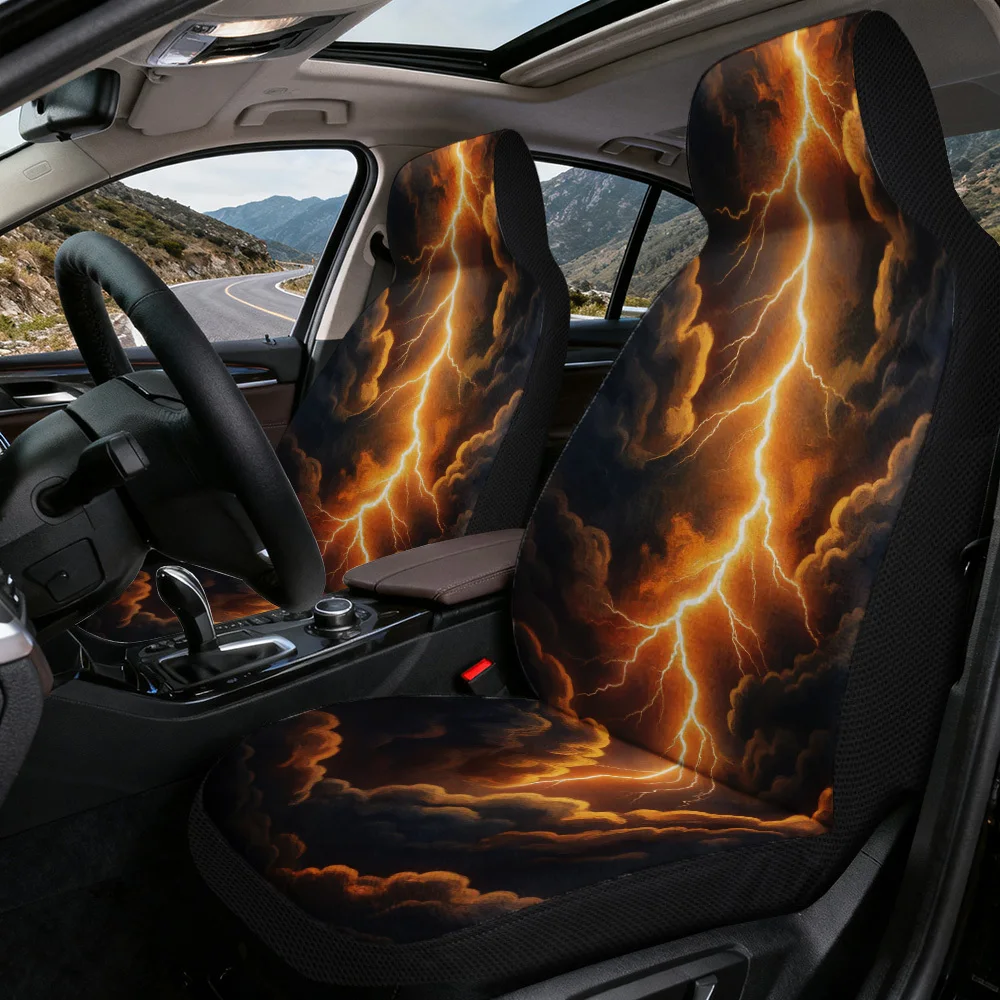 2D Flat Printing, 2pcs, Car Seat Covers With Fiery Lightning Storm Design, Durable, Machine Washable, No Fill Comfort Fit For Ca