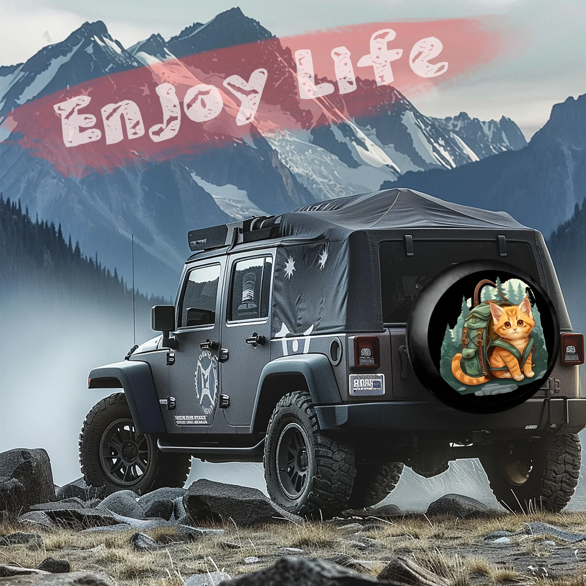 A Cute Little Kitten Carrying A Large Artistic Tire Cover - Made Of Durable Polyester, Suitable For Rvs, Suvs, Trucks, And Campe