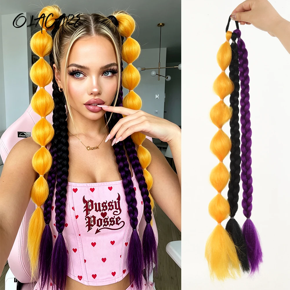 24 Inch Synthetic Bubble Braided Ponytail Elastic Band Wig Black Orange Purple Ponytail Hair Extensions Y2K Halloween Cosplay