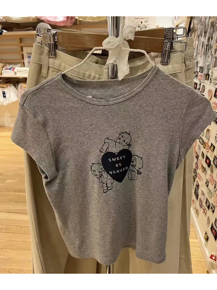 Anjo Bebê Gráfico Magro T-shirts Mulheres Verão Vintage O Pescoço de Manga Curta Algodão Bonito Top Colheita Doce Dos Desenhos Animados Imprimir Y2k T Shirt