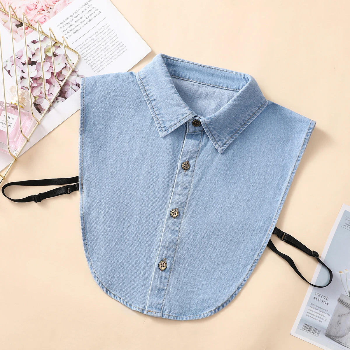 Damen-Kragen aus blau gewaschenem Denim mit spitzem Kragen, professioneller, lässiger, vielseitiger Dekorationskragen im halben Hemdstil – Detail 8