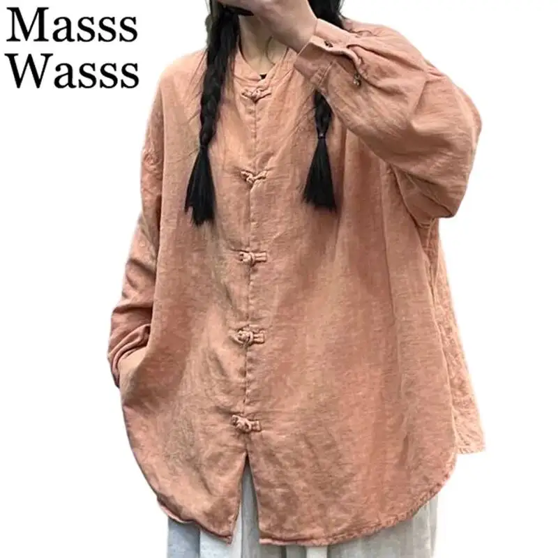 

Masss Wasss Chinese 2025 Females Fashion Leisure Big Size Shirts Ladies Classic Loose Blouses Vintage Clothes Cotton Linen Tops