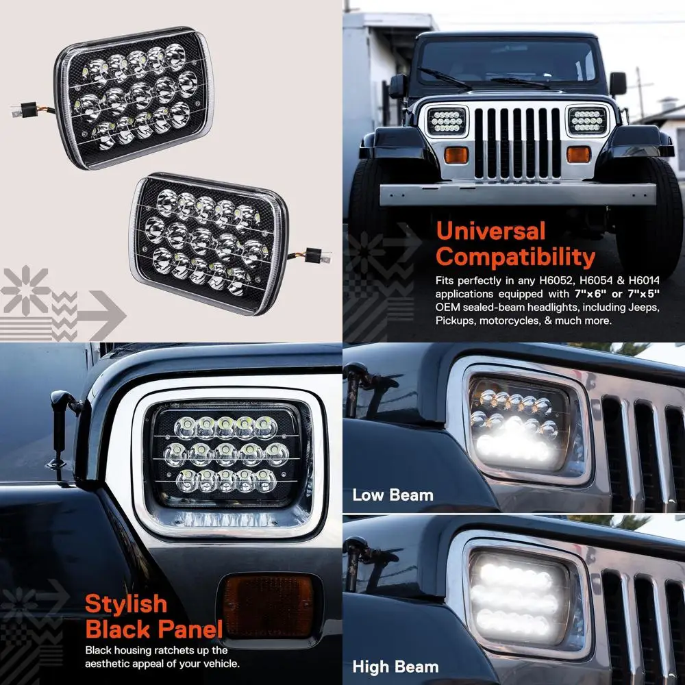 

H4 LED Headlights 7x65x7 Black for Jeep Wrangler YJ, Cherokee XJ, Chevy Blazer S10, GMC Savana, Ford E150, Nissan D21, Toyota Pi