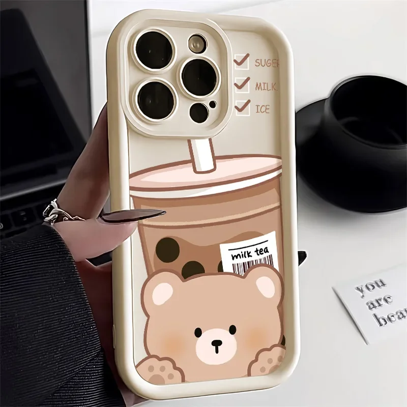 Bonita funda de teléfono para iPhone 15, 14, 13, 12, 11 Pro Max, XR, XS, X, 7, 8, 15 Plus, SE SE3, funda de oso de dibujos animados a prueba de