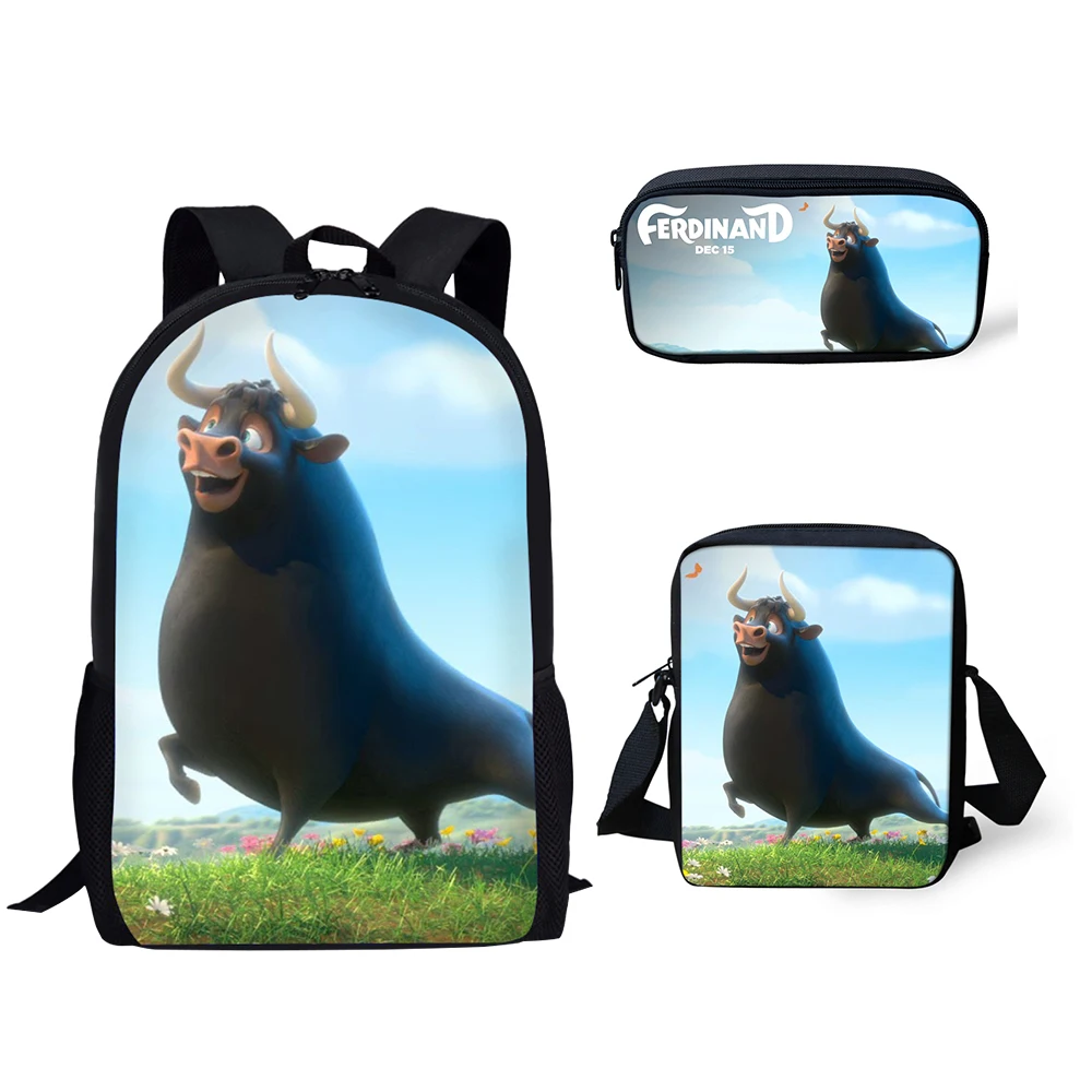 Ferdinand 3D Print Pupil School Bags, mochila para laptop, mochila, bolsa de ombro inclinado, estojo de lápis, moda clássica, popular, 3 peças por conjunto