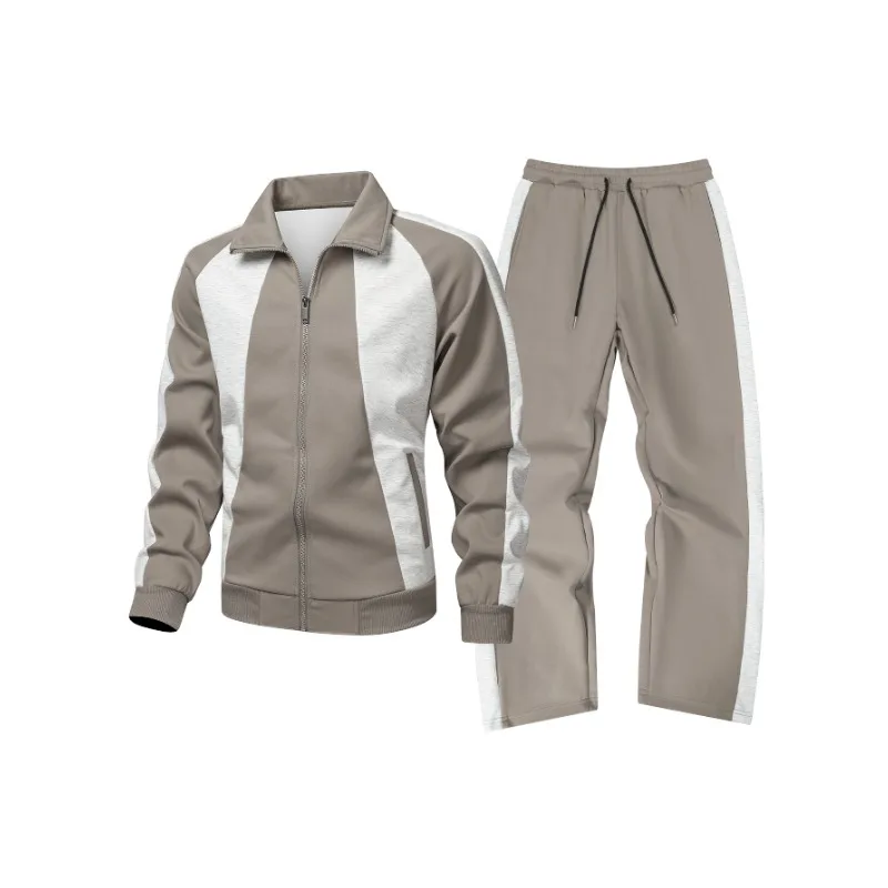 스탠드 칼라 재킷 남성 의류 레트로 패치워크 루즈 탑 스포츠 캐주얼 엘라스틱 하이 웨이스트 바지 세트