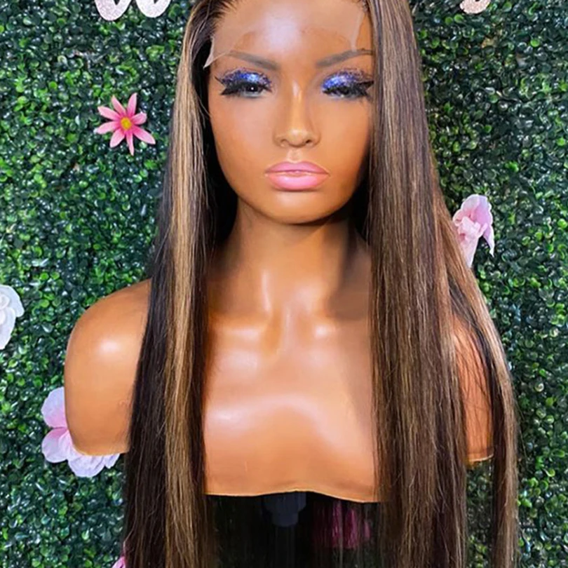 26 بوصة لينة تسليط الضوء على البني مستقيم 180 الكثافة طويلة الدانتيل شعر مستعار أمامي للنساء مع شعر الطفل قبل قطعها غلويليس مقاومة للحرارة